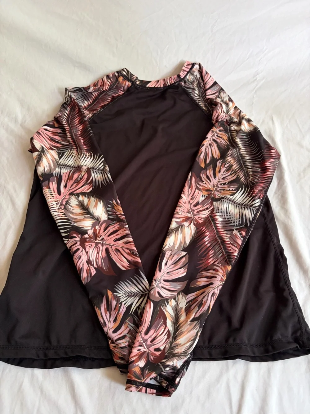 Hurley Womens Black Rash Guard with Pink Leaf-Print Sleeves
